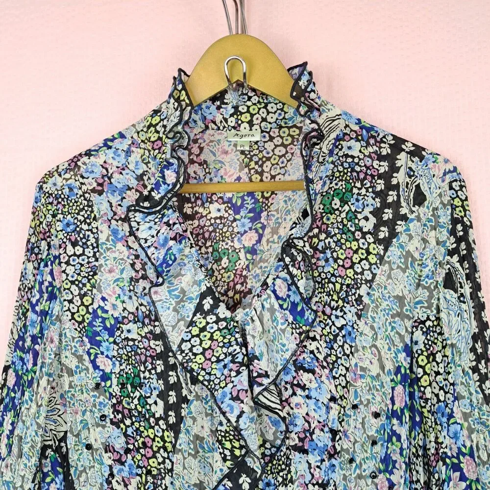 Agora Blouse Ruffle Long Sleeve Lightweight Size PL Floral Micro Print Petite